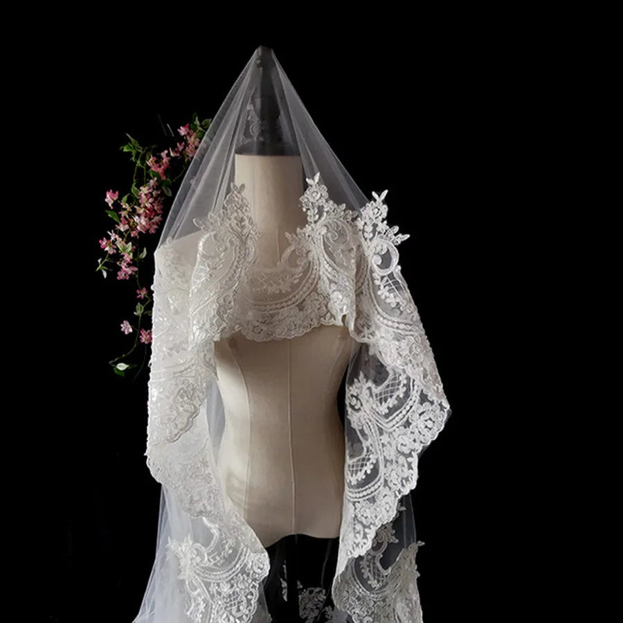 Long Wedding Bridal Veils Lace Appliques Edge Tulle front view
