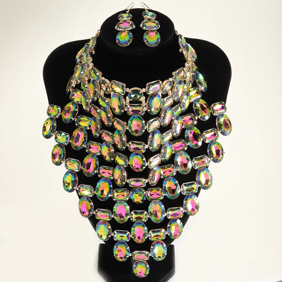 Luxury Rhinestone Multi-Layer Necklace & Earrings Set