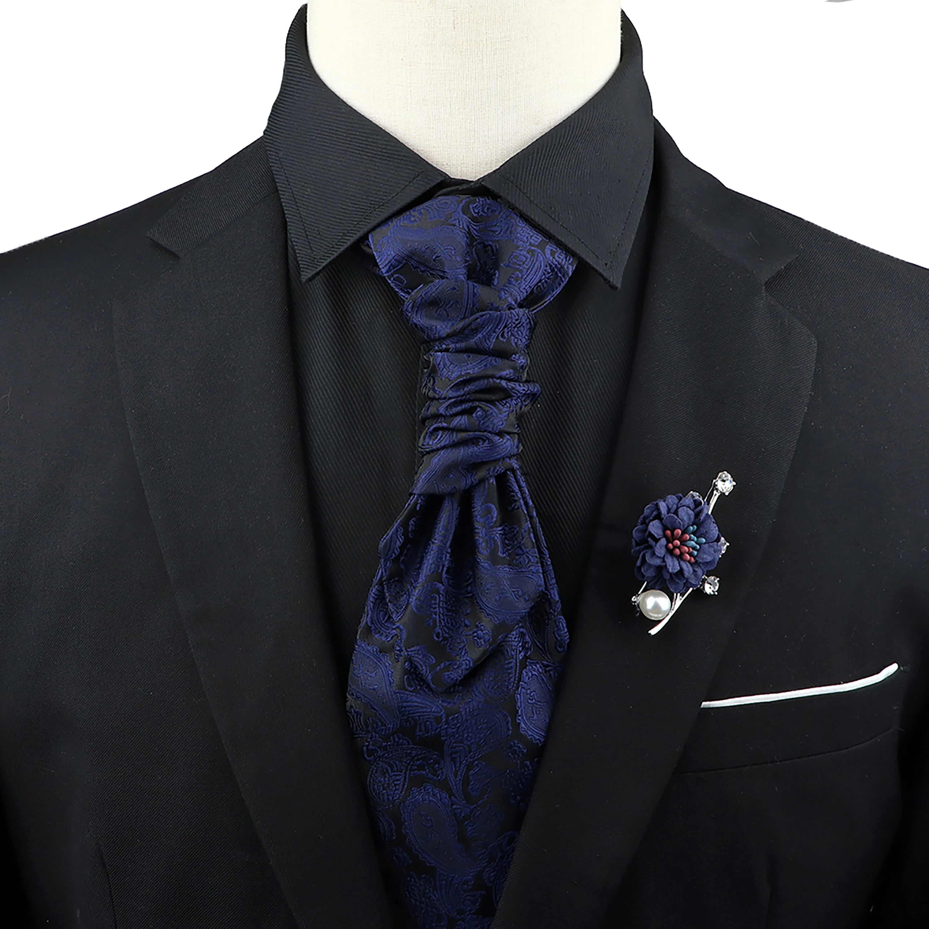 Men’s Paisley Tie & Brooch Set – Red, Black, Blue Groom Wedding Accessory
