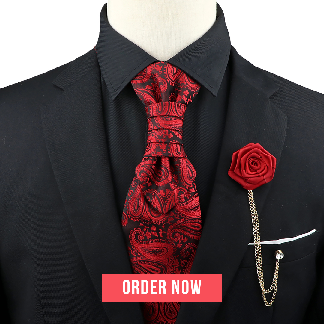 Men’s Paisley Tie & Brooch Set – Red, Black, Blue Groom Wedding Accessory - Vanity Glam
