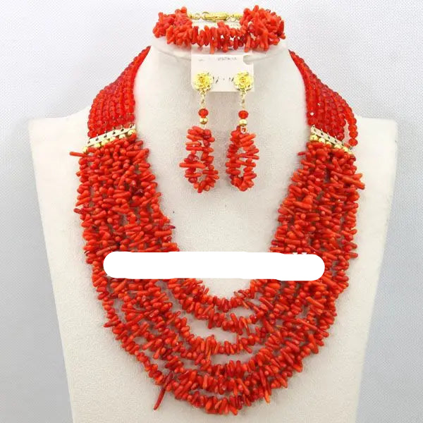 African coral beads bridal necklace and earrings jewelry set for Nigerian wedding