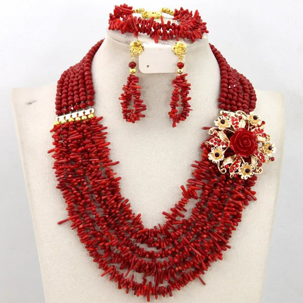 African coral beads bridal necklace and earrings jewelry set for Nigerian wedding