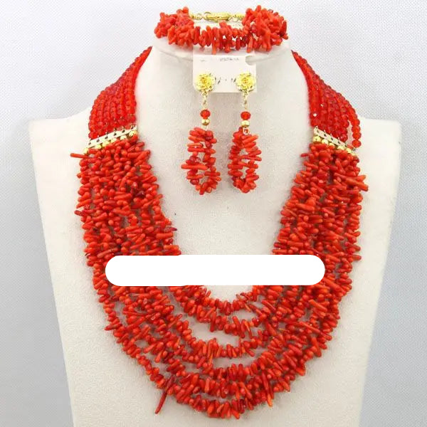 African coral beads bridal necklace and earrings jewelry set for Nigerian wedding