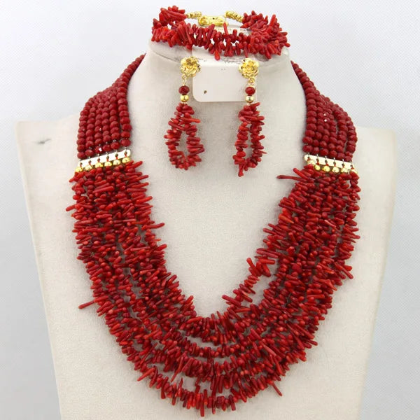 African coral beads bridal necklace and earrings jewelry set for Nigerian wedding