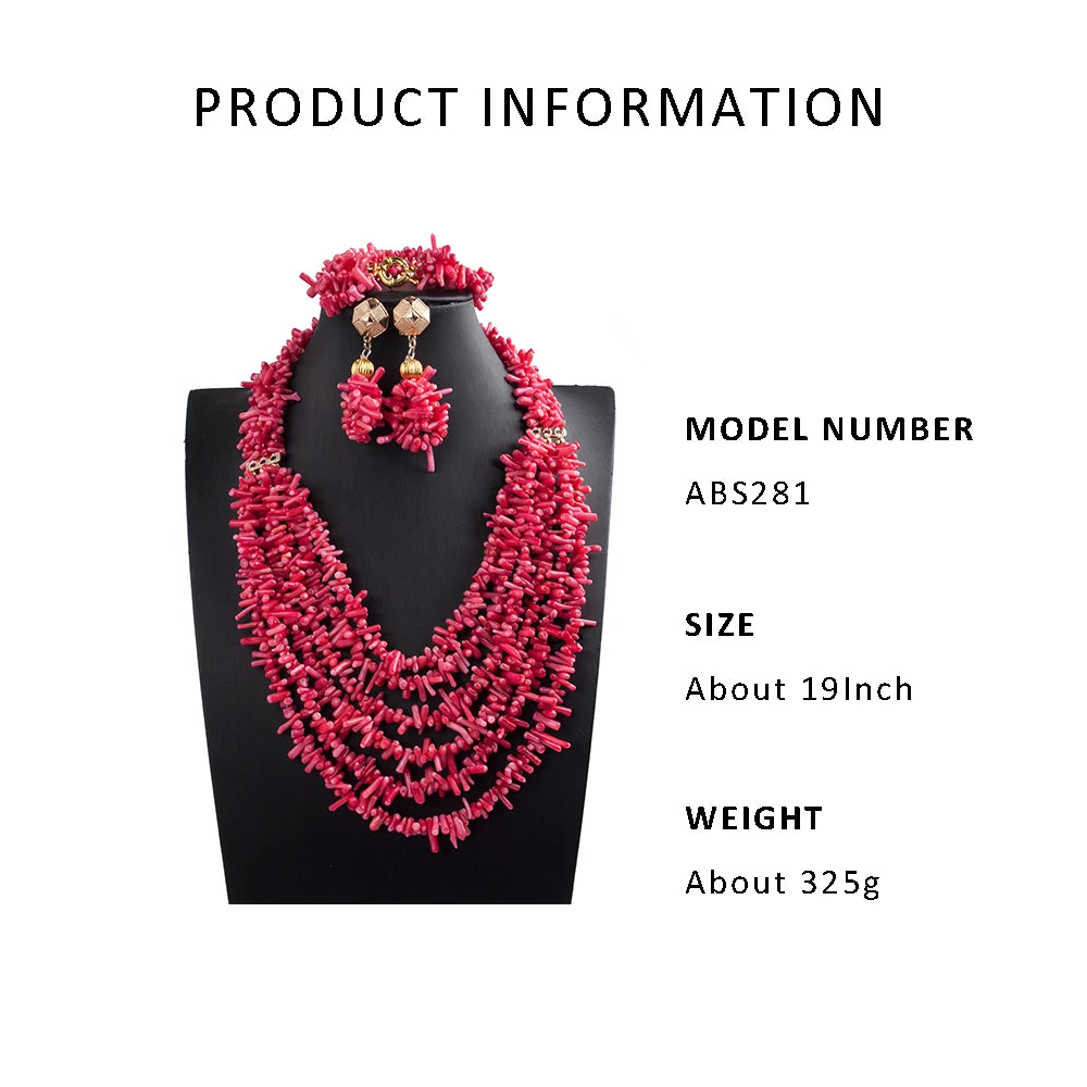 African coral beads bridal necklace and earrings jewelry set for Nigerian wedding