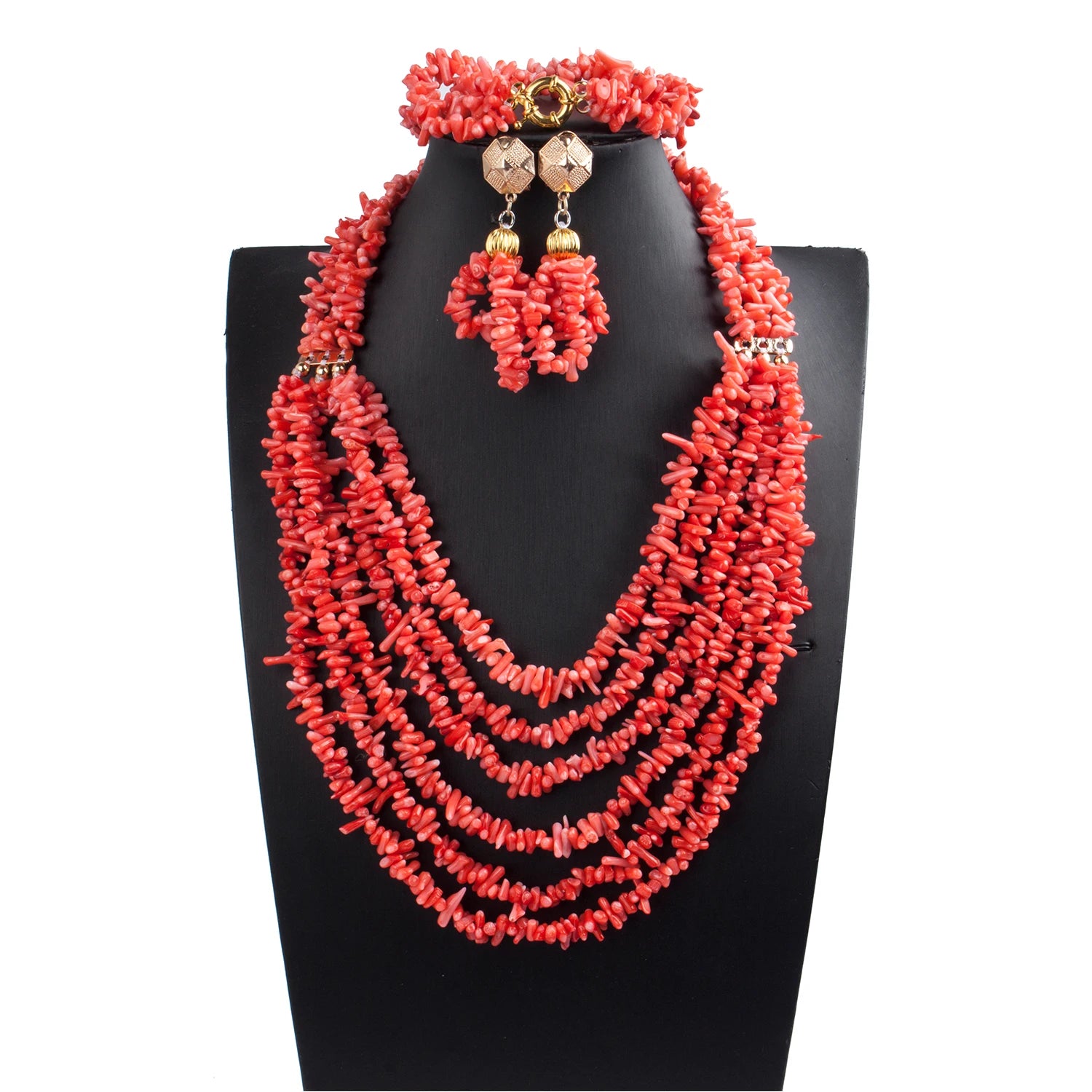 African coral beads bridal necklace and earrings jewelry set for Nigerian wedding