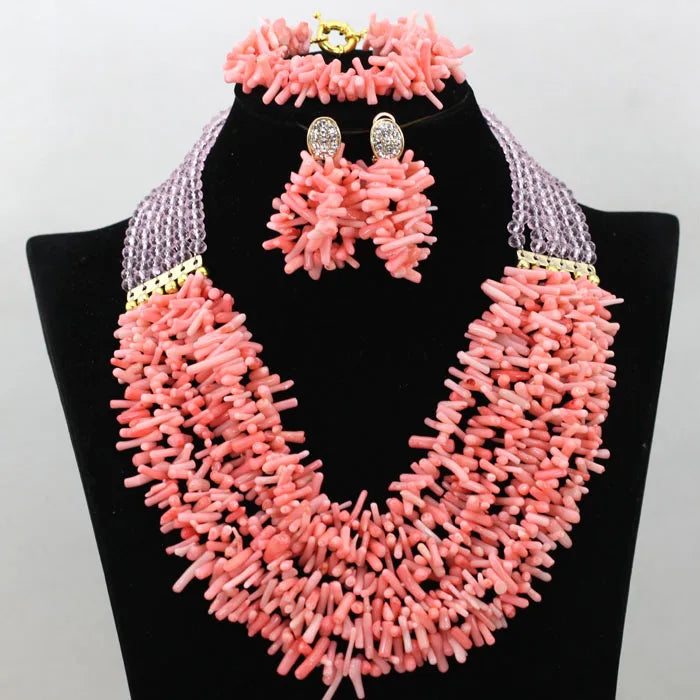 African coral beads bridal necklace and earrings jewelry set for Nigerian wedding