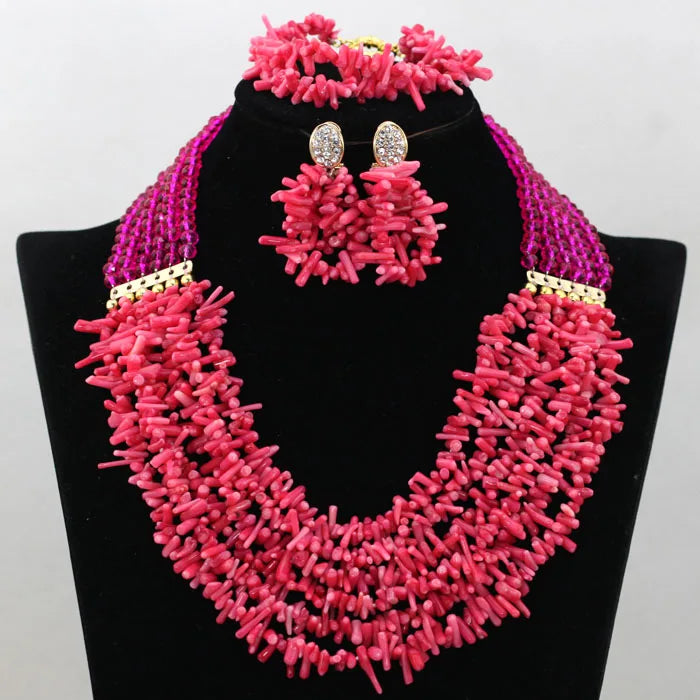 African coral beads bridal necklace and earrings jewelry set for Nigerian wedding