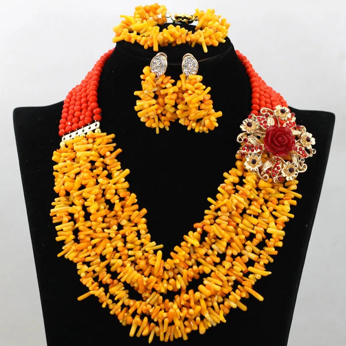 African coral beads bridal necklace and earrings jewelry set for Nigerian wedding