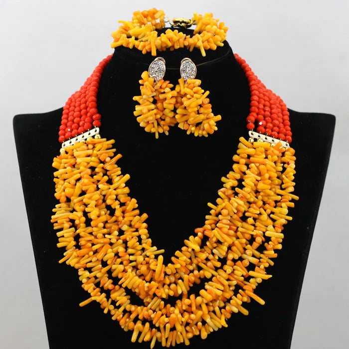 African coral beads bridal necklace and earrings jewelry set for Nigerian wedding