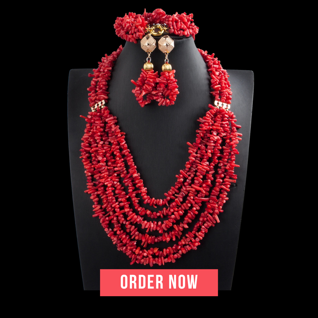 Red African coral beads bridal necklace and earrings jewelry set for Nigerian wedding