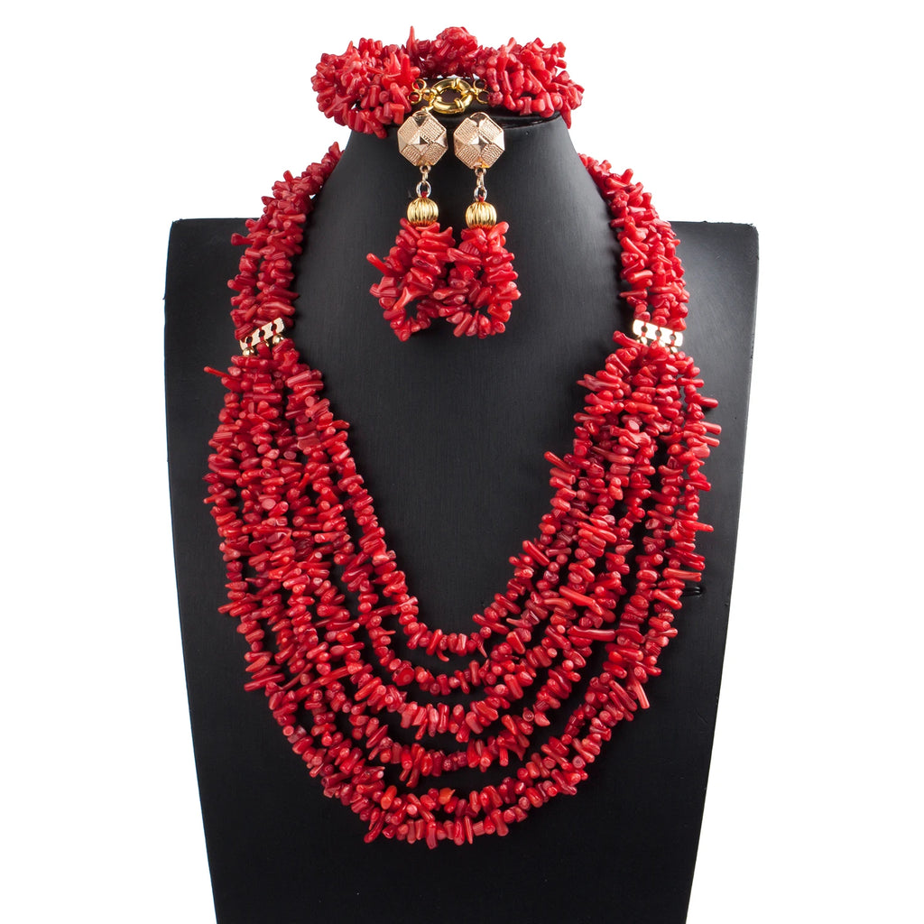 African coral beads bridal necklace and earrings jewelry set for Nigerian wedding