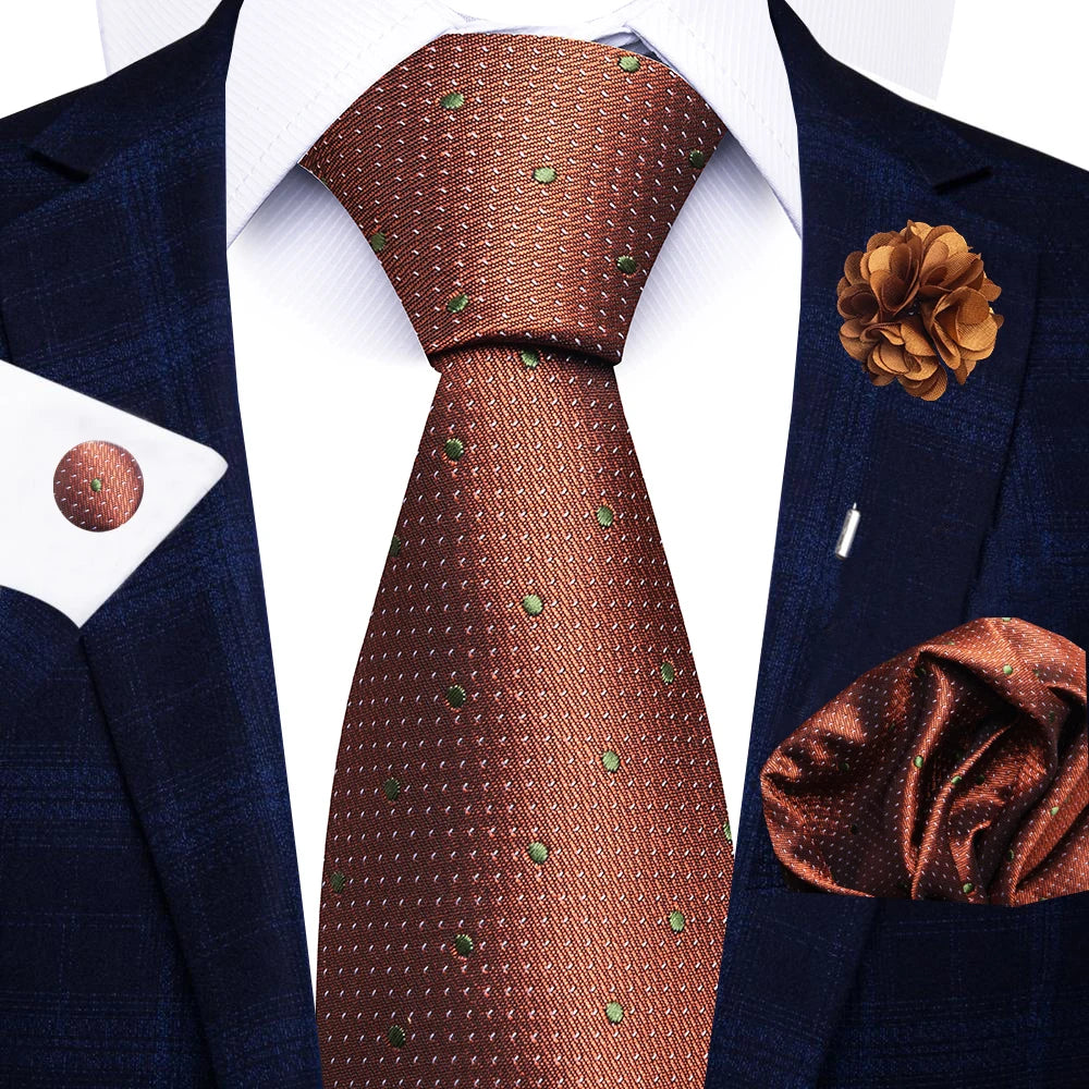 Men’s red striped tie set with handkerchief, cufflinks, and pin for wedding or formal suit