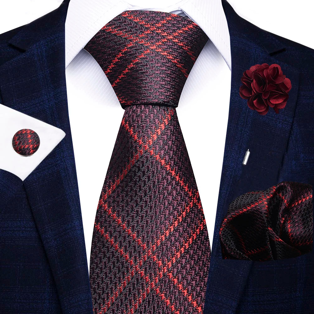 Men’s Red Stripe Tie Set – 8cm Necktie, Handkerchief, Cufflinks & Pin