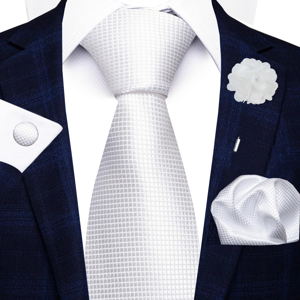 Men’s red striped tie set with handkerchief, cufflinks, and pin for wedding or formal suit