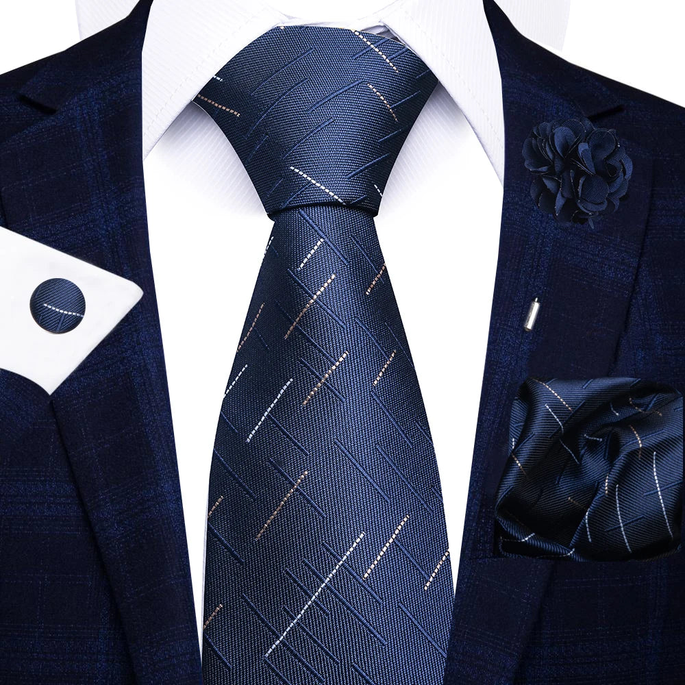 Men’s red striped tie set with handkerchief, cufflinks, and pin for wedding or formal suit