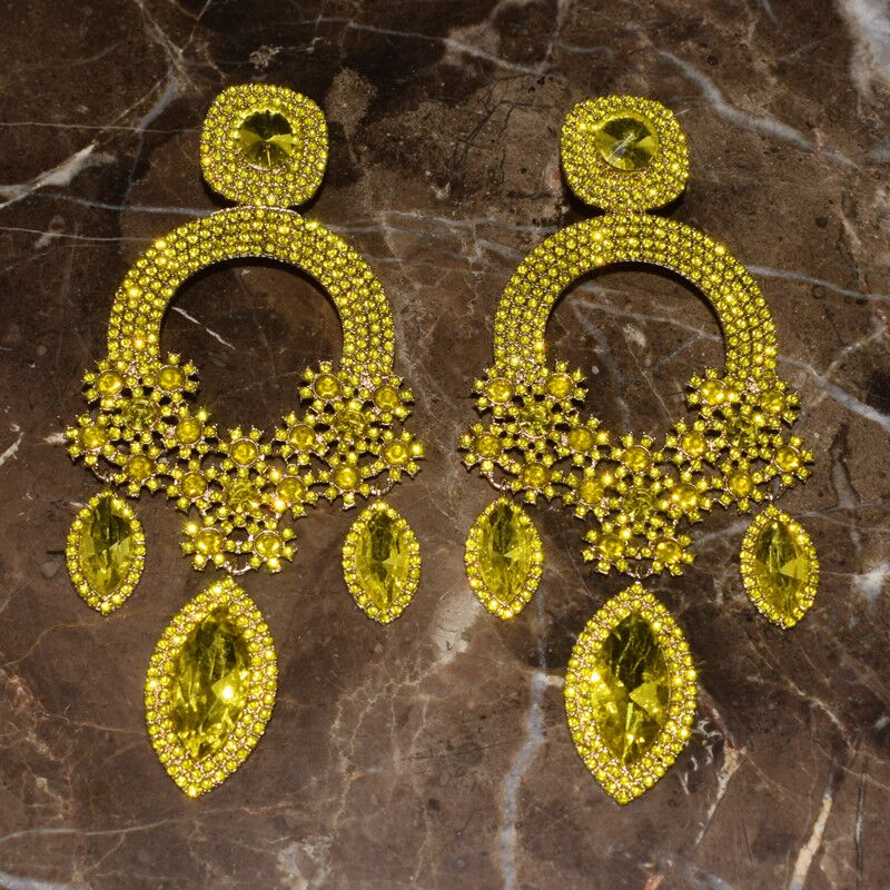 Gold Rhinestone Flowers Dangling Earrings