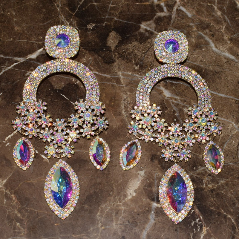 Silver Rhinestone Flowers Dangling Earrings