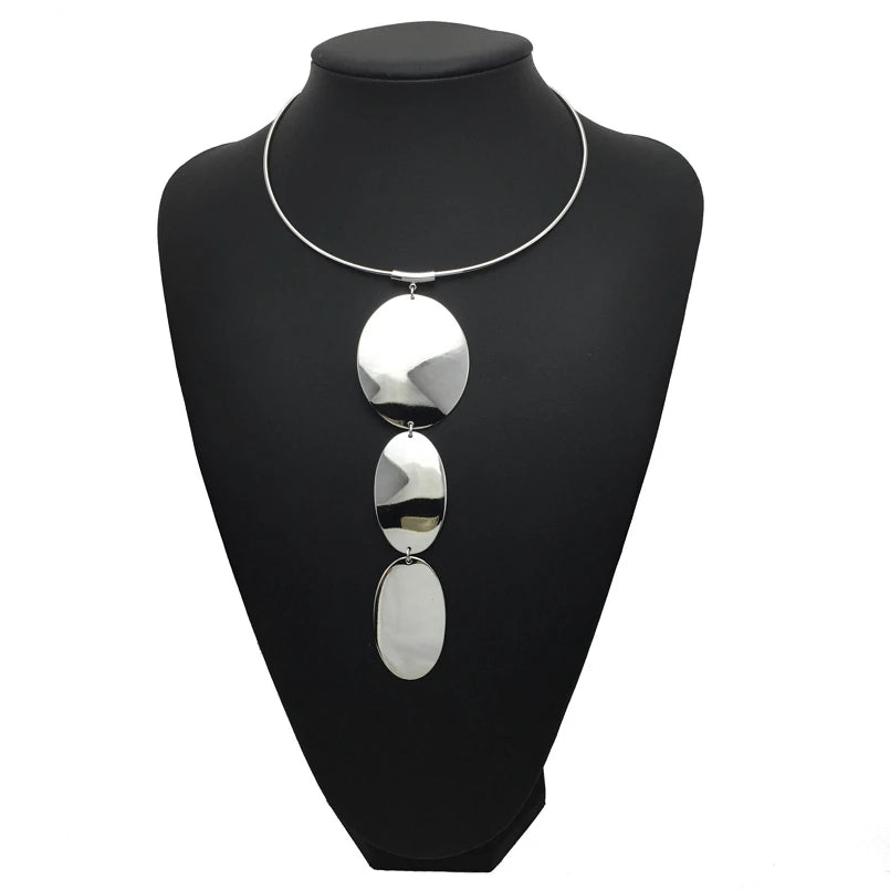 Fashion Punk Torque Choker & Long Pendant Necklace – Statement Metal Jewelry for Women-Silver