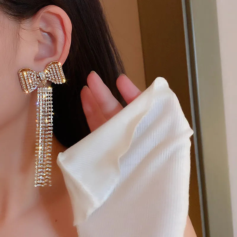 Ribbon Rhinestone Tassel Earrings
