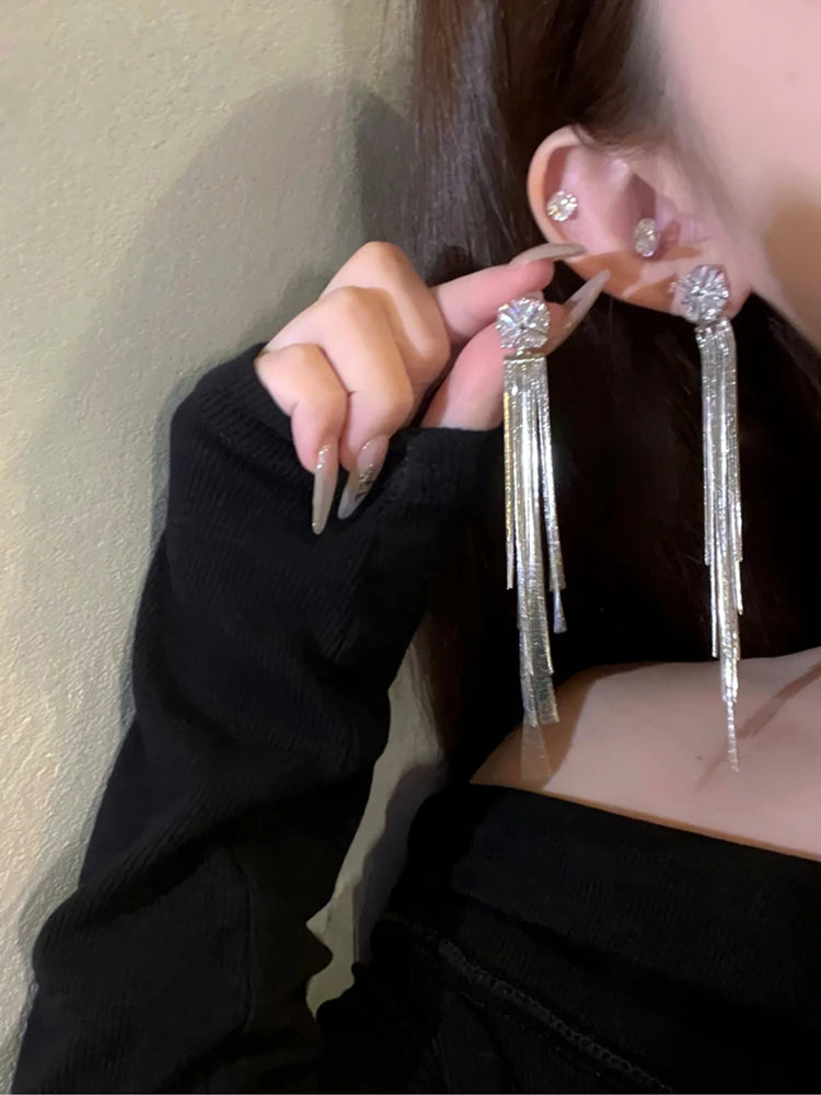 Zirconia Crystal Long Tassel Earrings
