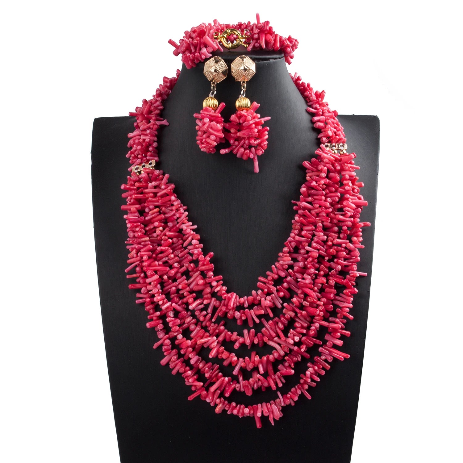 African coral beads bridal necklace and earrings jewelry set for Nigerian wedding