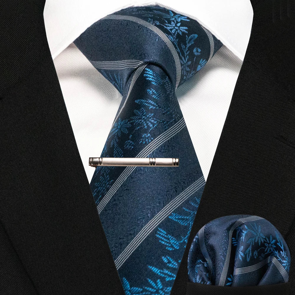 Silk paisley tie set with handkerchief and tie clip for men