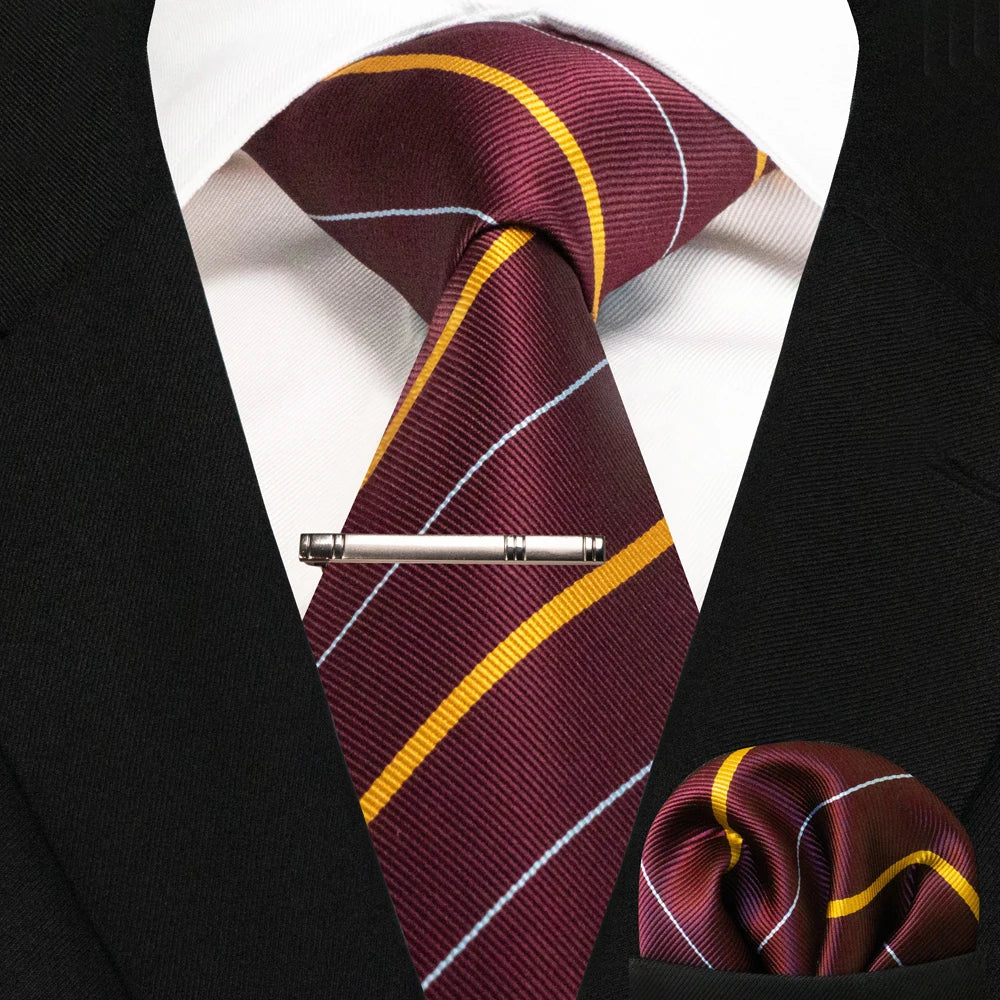 Silk paisley tie set with handkerchief and tie clip for men