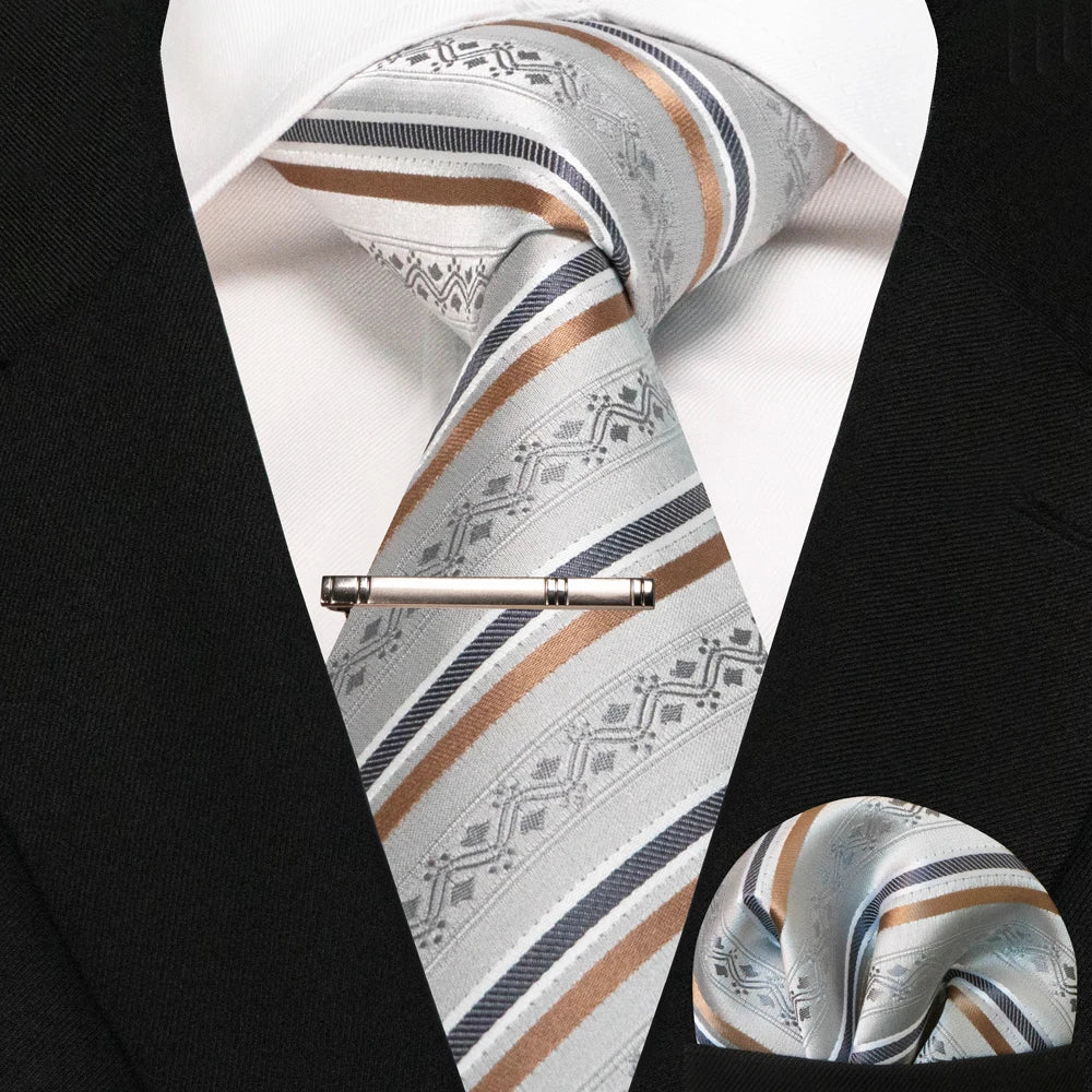 Silk paisley tie set with handkerchief and tie clip for men
