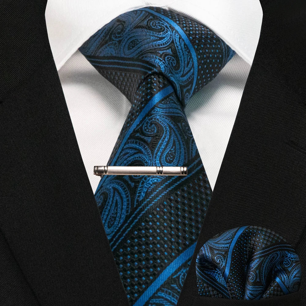 Silk paisley tie set with handkerchief and tie clip for men