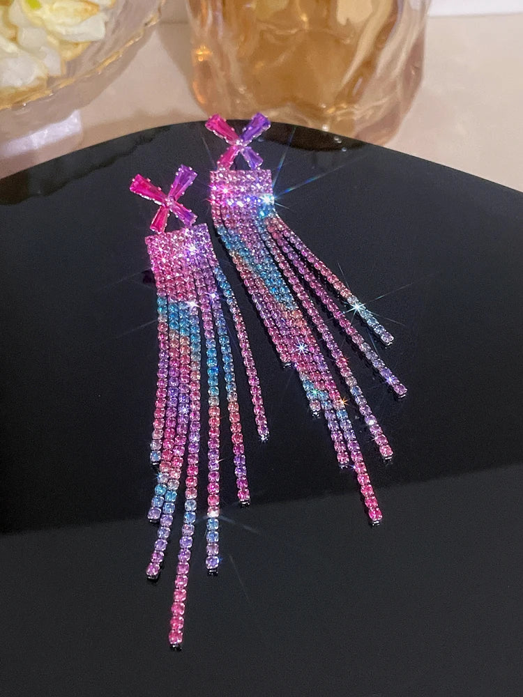 Fashion Rhinestone Long Tassel Earrings