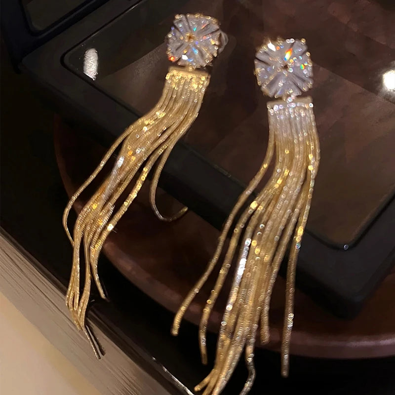 Zirconia Crystal Long Tassel Earrings