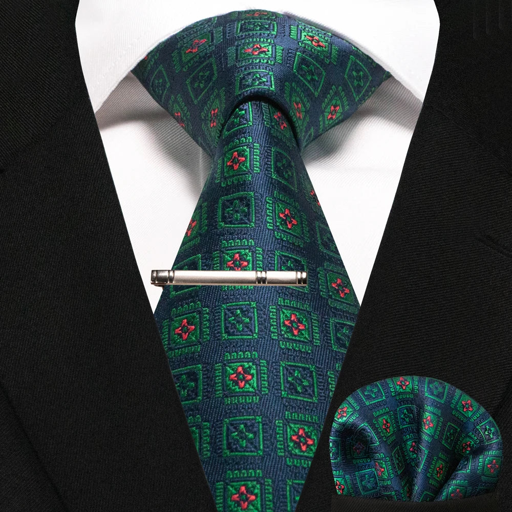 Silk paisley tie set with handkerchief and tie clip for men