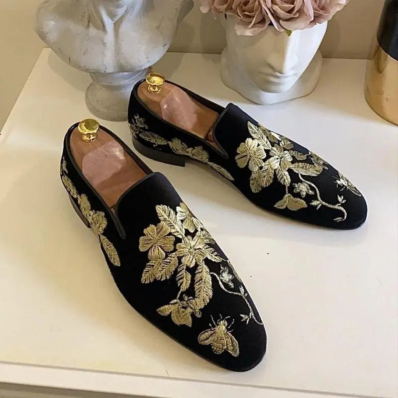 Gold Embroidery Flower Suede Loafers
