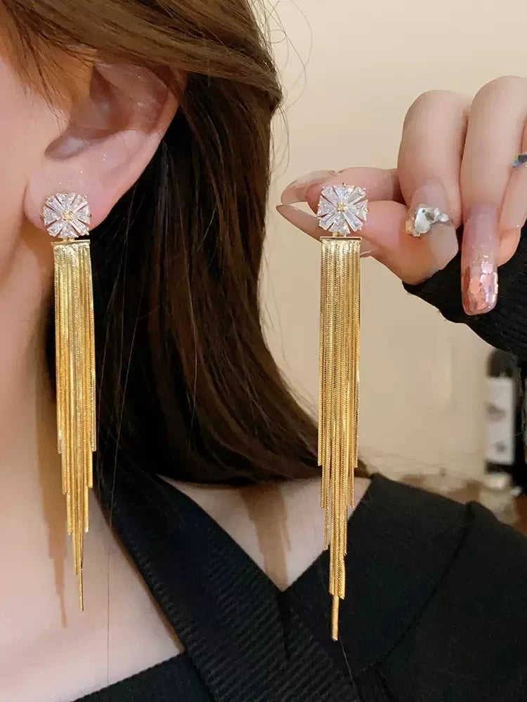 Zirconia Crystal Long Tassel Earrings