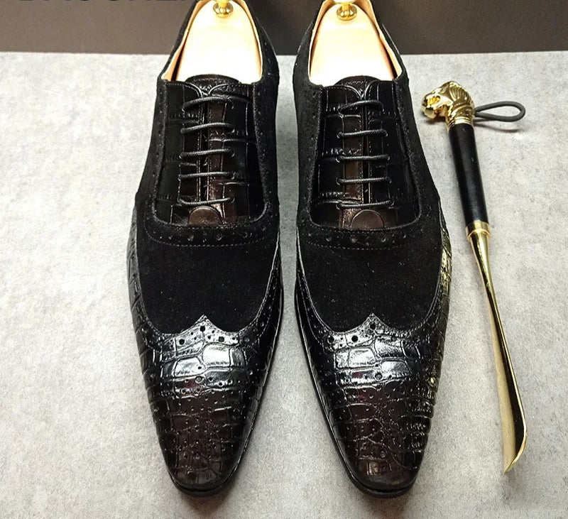 Men’s Elegant Crocodile Print Oxford Shoes – Lace-Up Leather Dress Shoes for Weddings & Office b