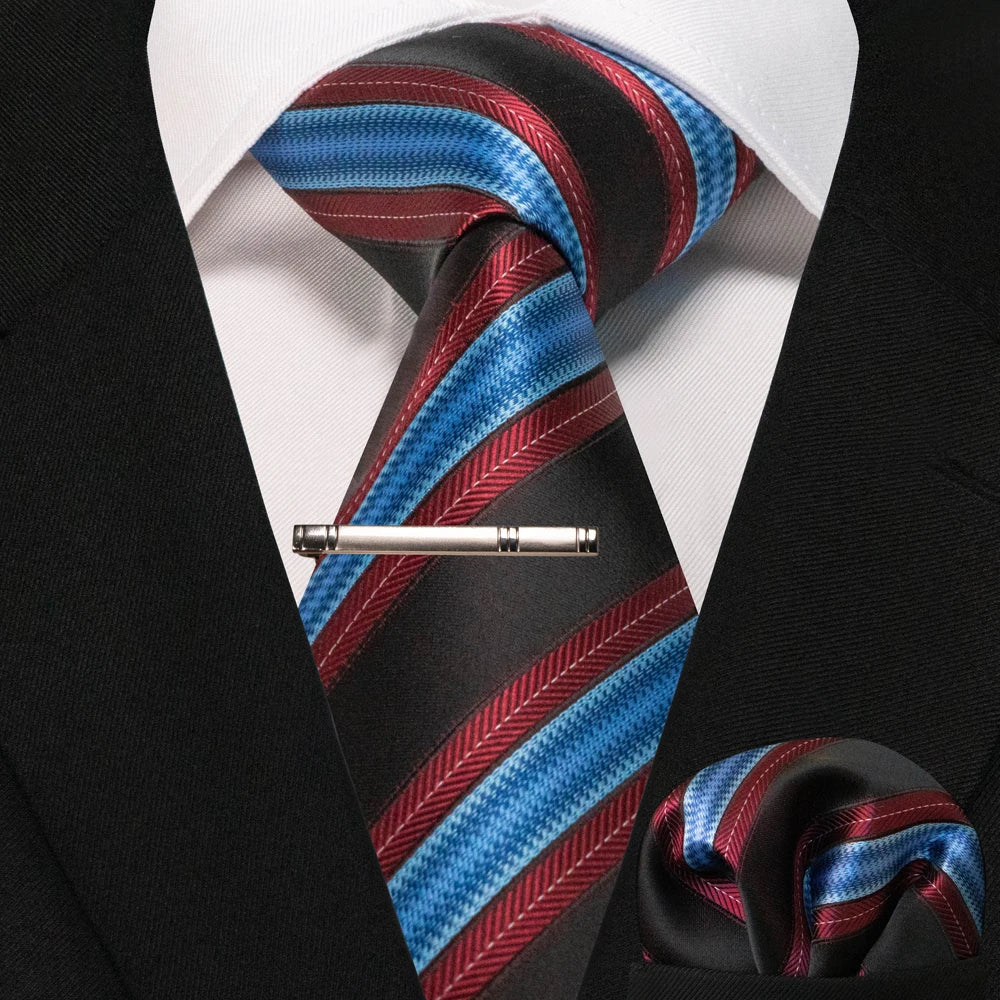 Silk paisley tie set with handkerchief and tie clip for men