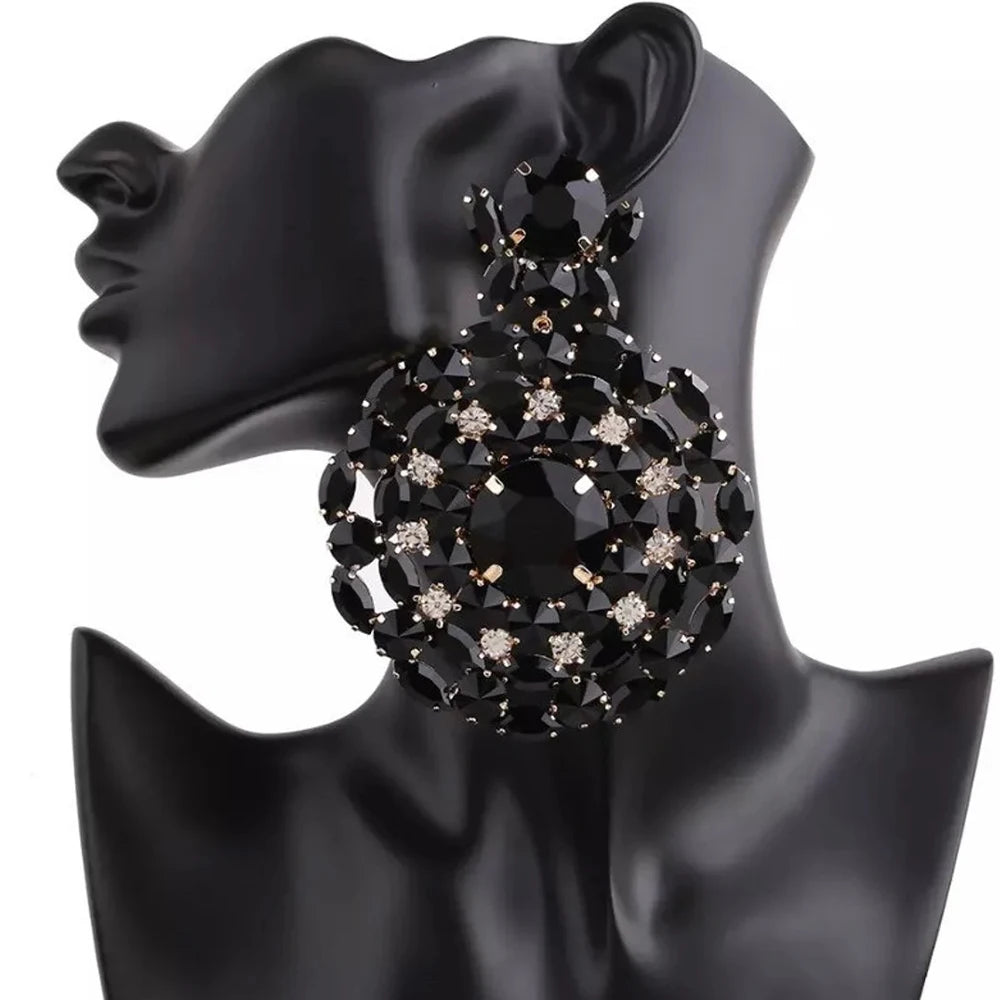 Black Round Rhinestone Shiny Earrings