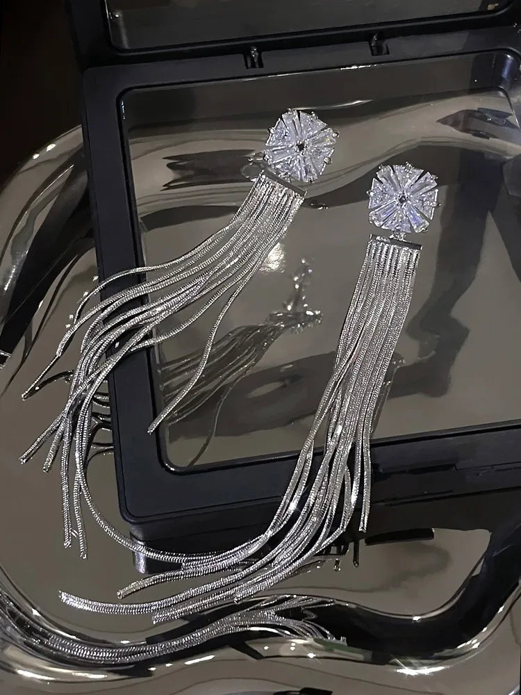 Zirconia Crystal Long Tassel Earrings