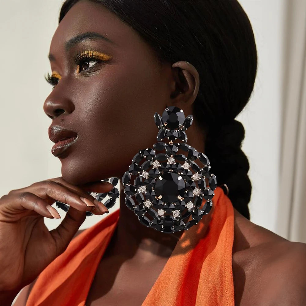 Black Round Rhinestone Shiny Earrings