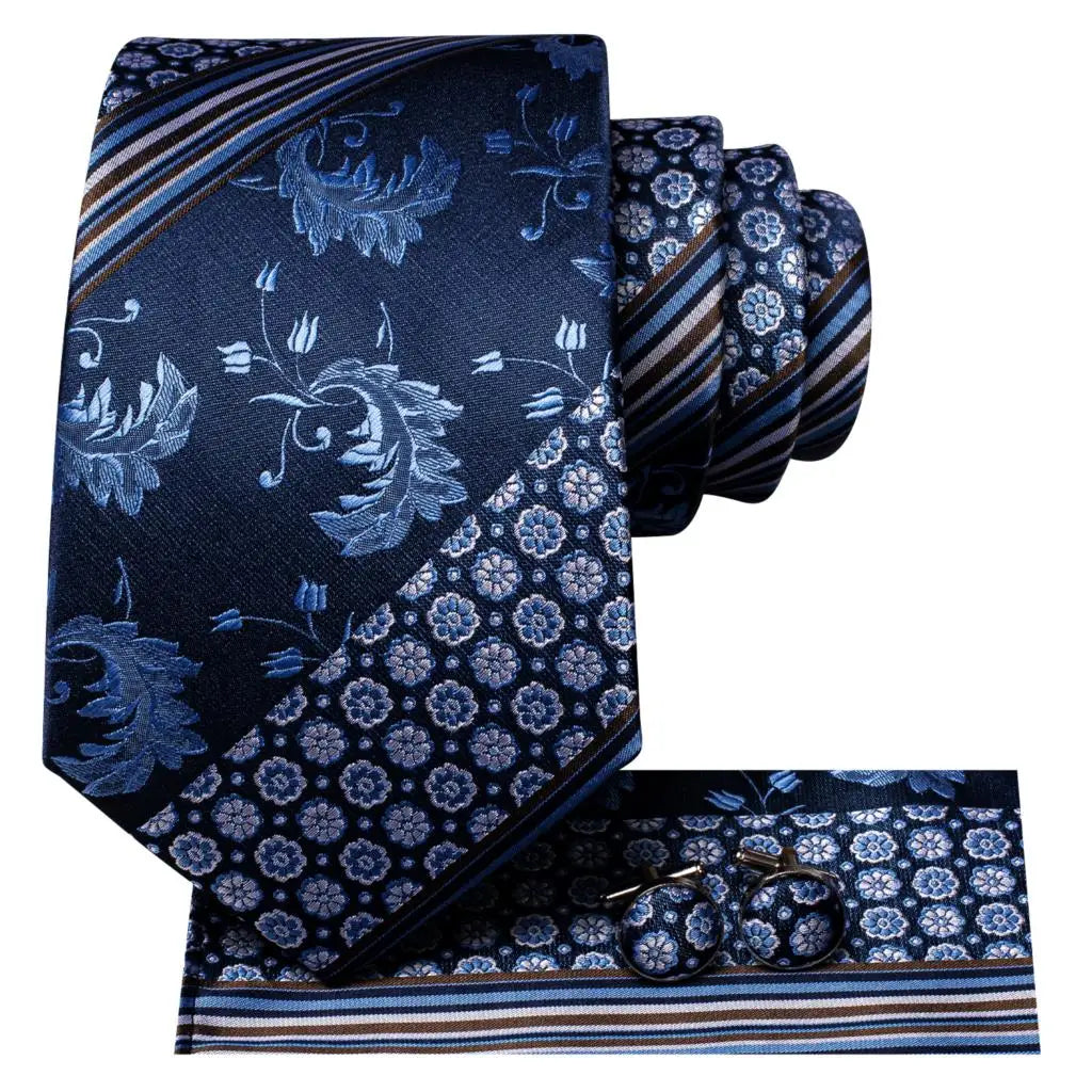 Navy Blue Floral Silk Tie Set