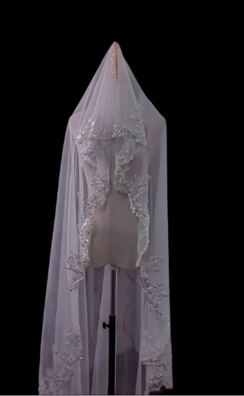 Sequin Full Lace Silver Edge Wedding Veil long