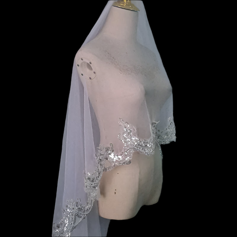 Sequin Full Lace Silver Edge Wedding Veil side view