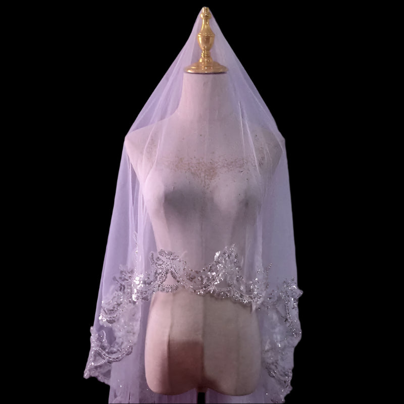 Sequin Full Lace Silver Edge Wedding Veil short