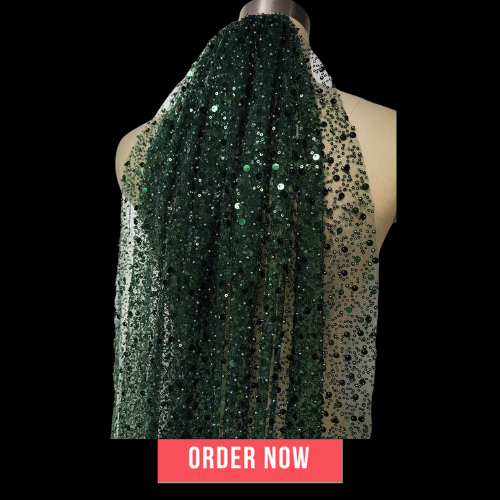 Sequins Pearls Glitter Beaded Green Single Tier 3M Bridal Veil