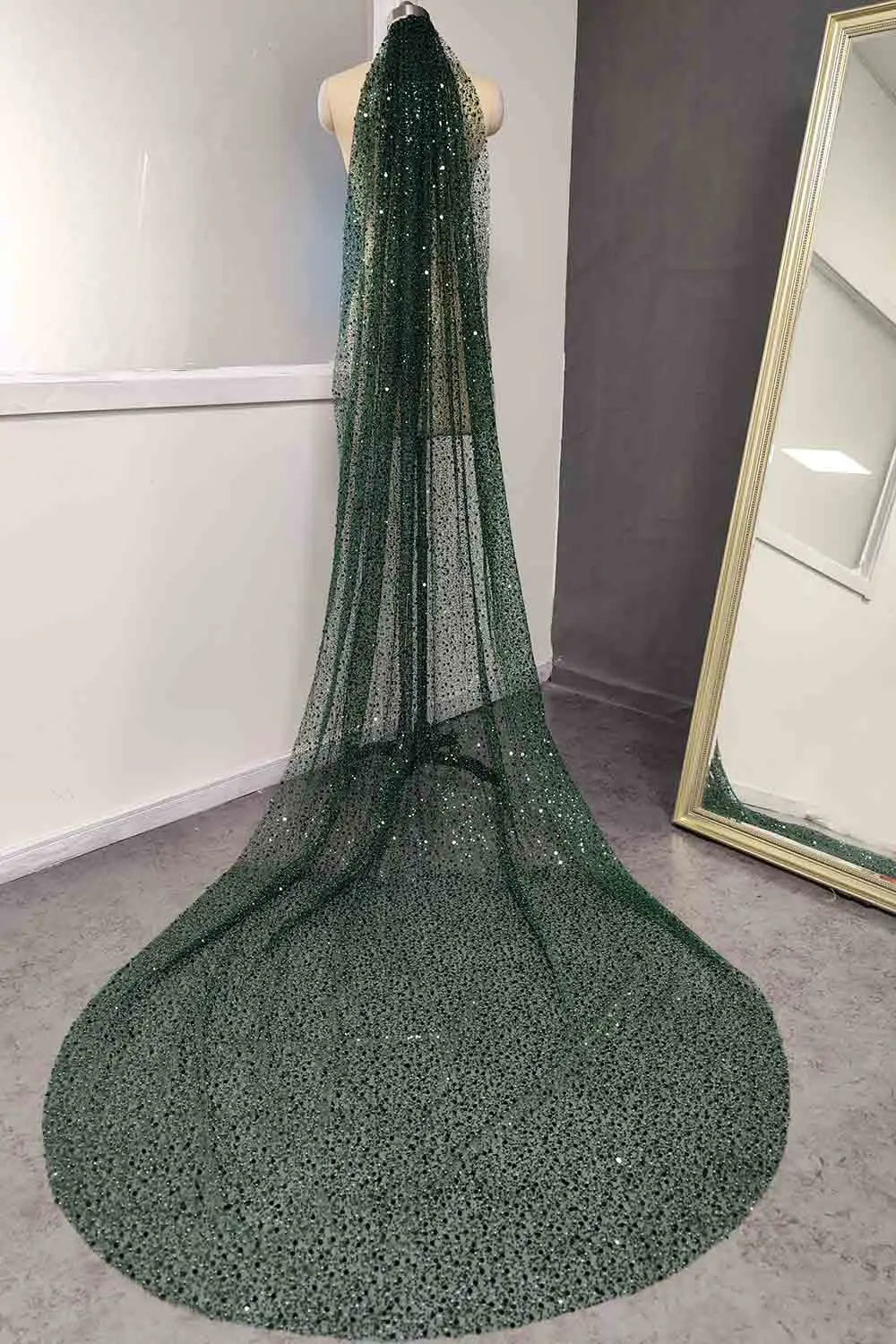 Sequins Pearls Glitter Beaded Green Single Tier 3M Bridal Veil whole view