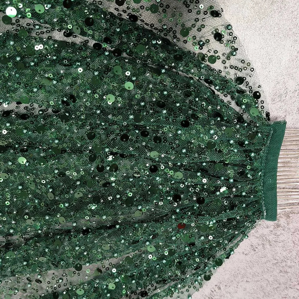 Sequins Pearls Glitter Beaded Green Single Tier 3M Bridal Veil with comb