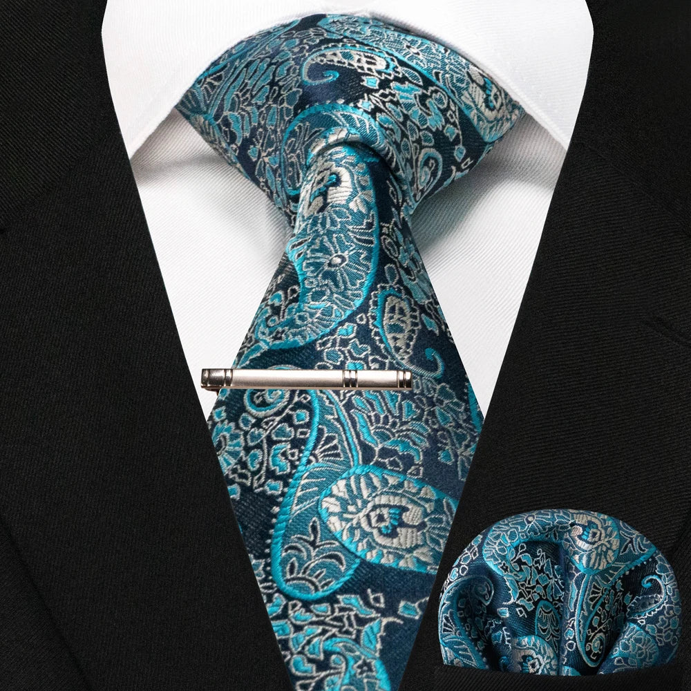 Silk paisley tie set with handkerchief and tie clip for men