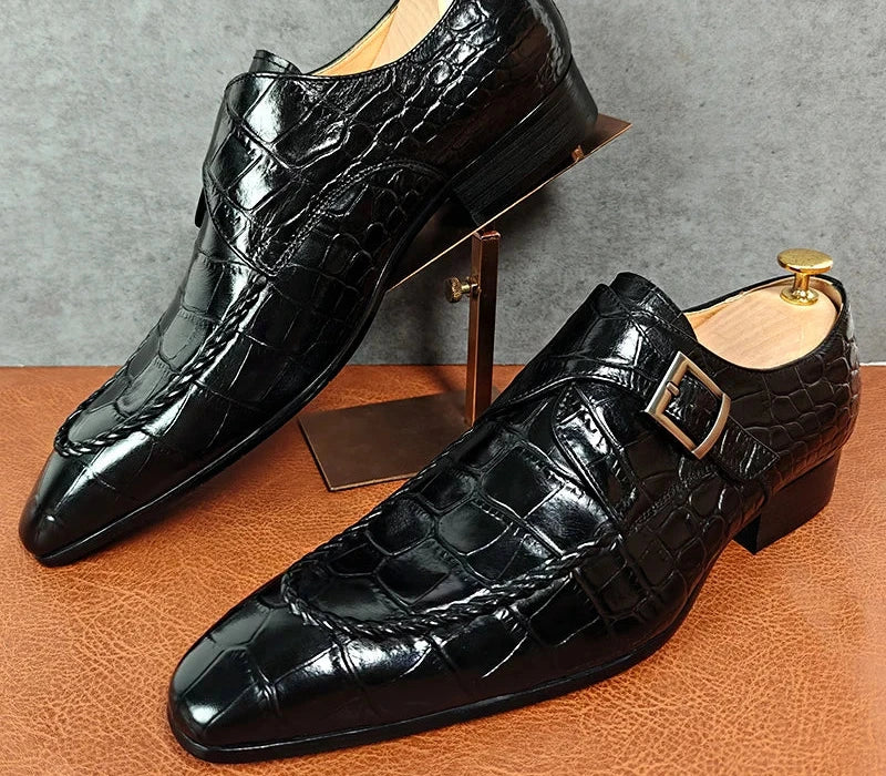 Slip-On Black Woven Pattern Leather Shoes