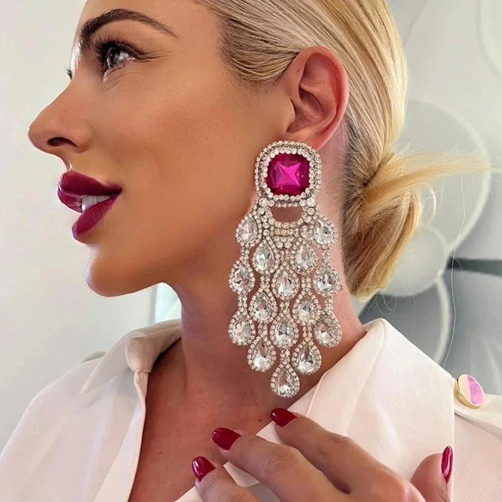 Model using Square Crystal Large Tassel Earrings
